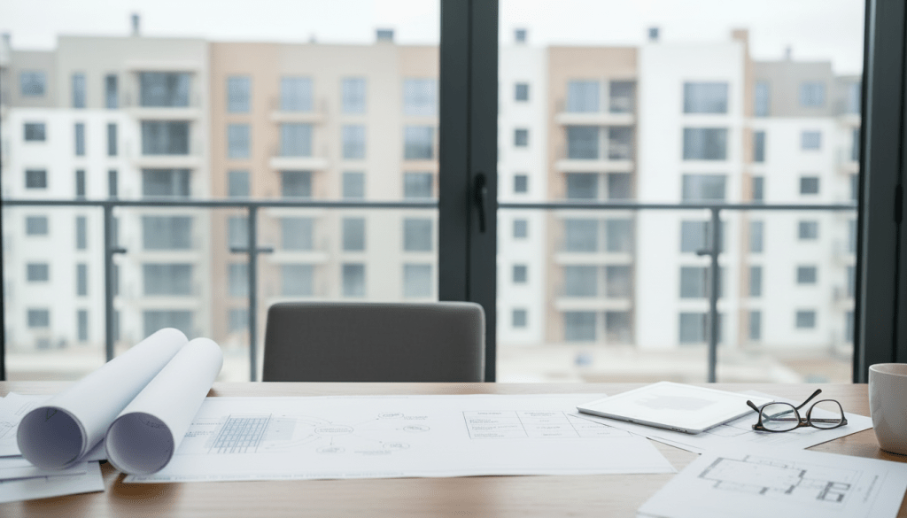A desk with architectural plans, a tablet, and glasses in front of a window overlooking modern buildings.