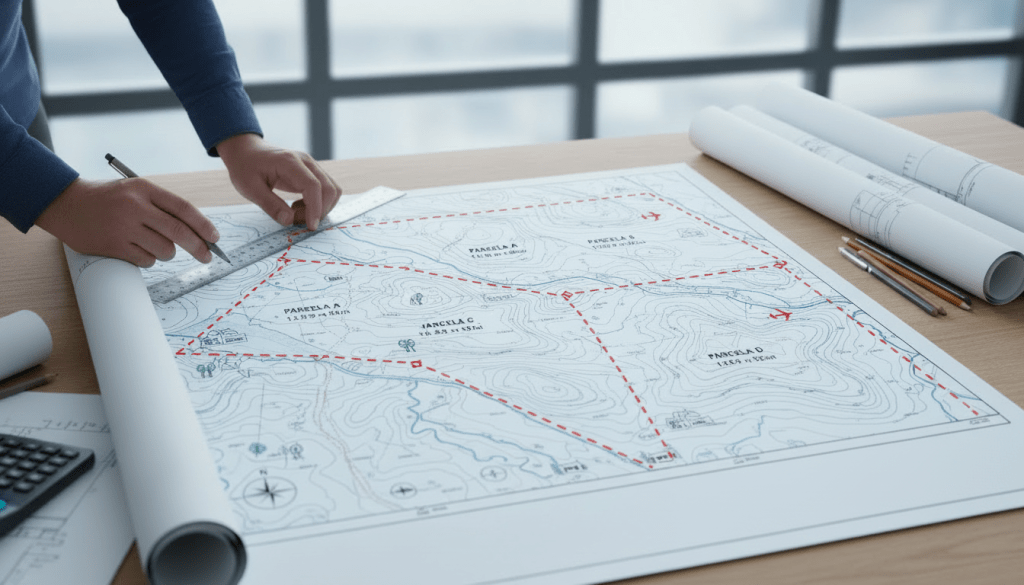 A person's hands are shown drawing on an architectural plan for segregation of rural properties, featuring text: 'PLANO ARQUITECTÓNICO DE SEGREGACIÓN DE PREDIOS RÚSTICOS,' 'ESCALA: 1:500,' and 'FECHA: OCTUBRE 2023.'